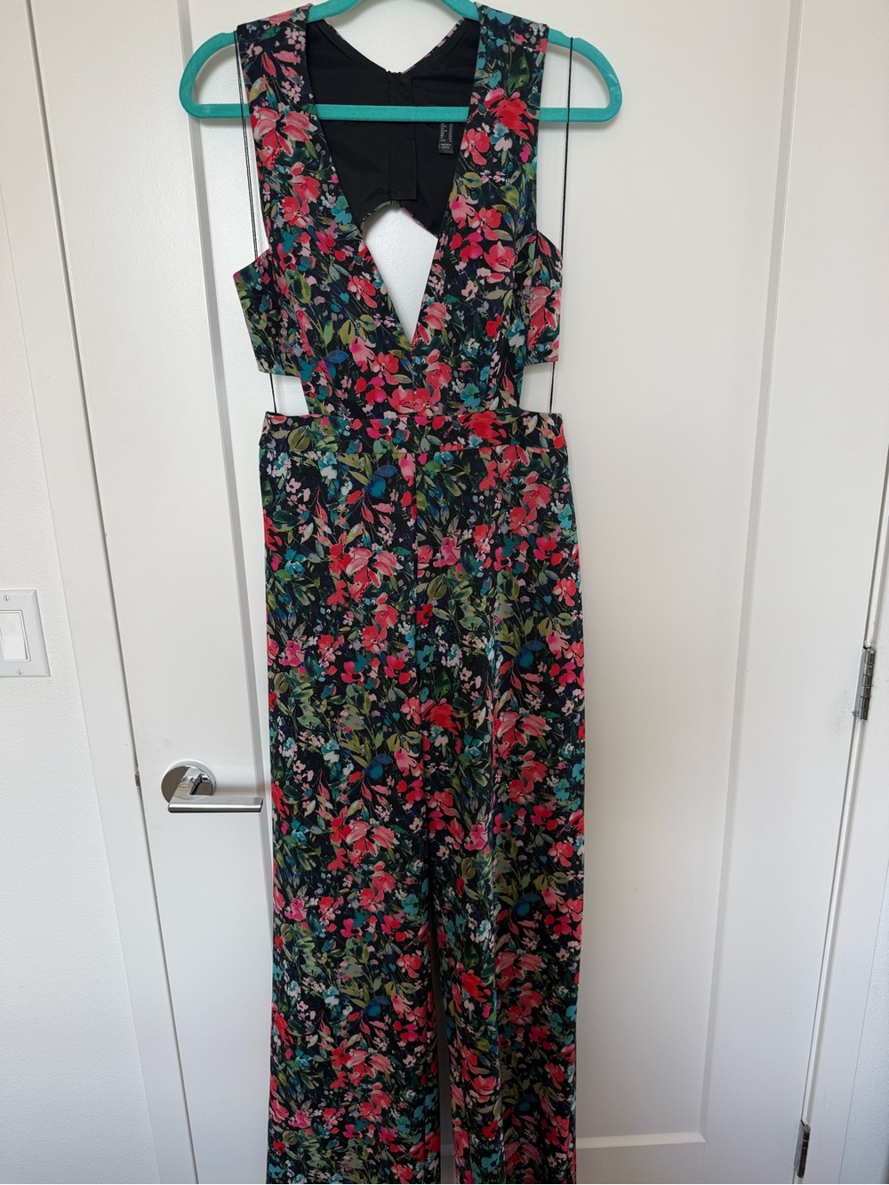 Floral V-Neck Wide Leg Jumpsuit - Black with Pink & Green Floral
